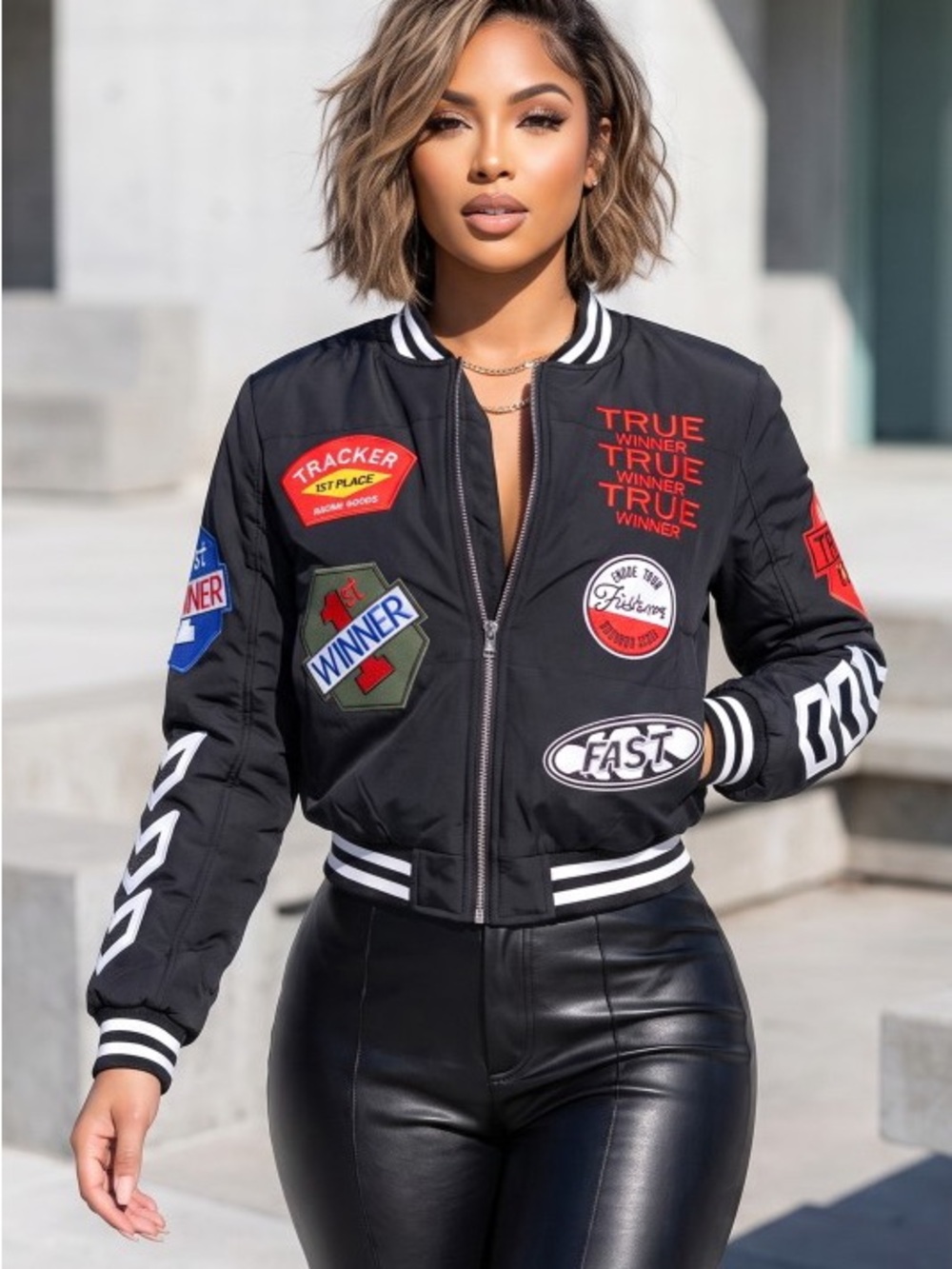 Black Bomber Jacket with Racing Patches - Women J-88106